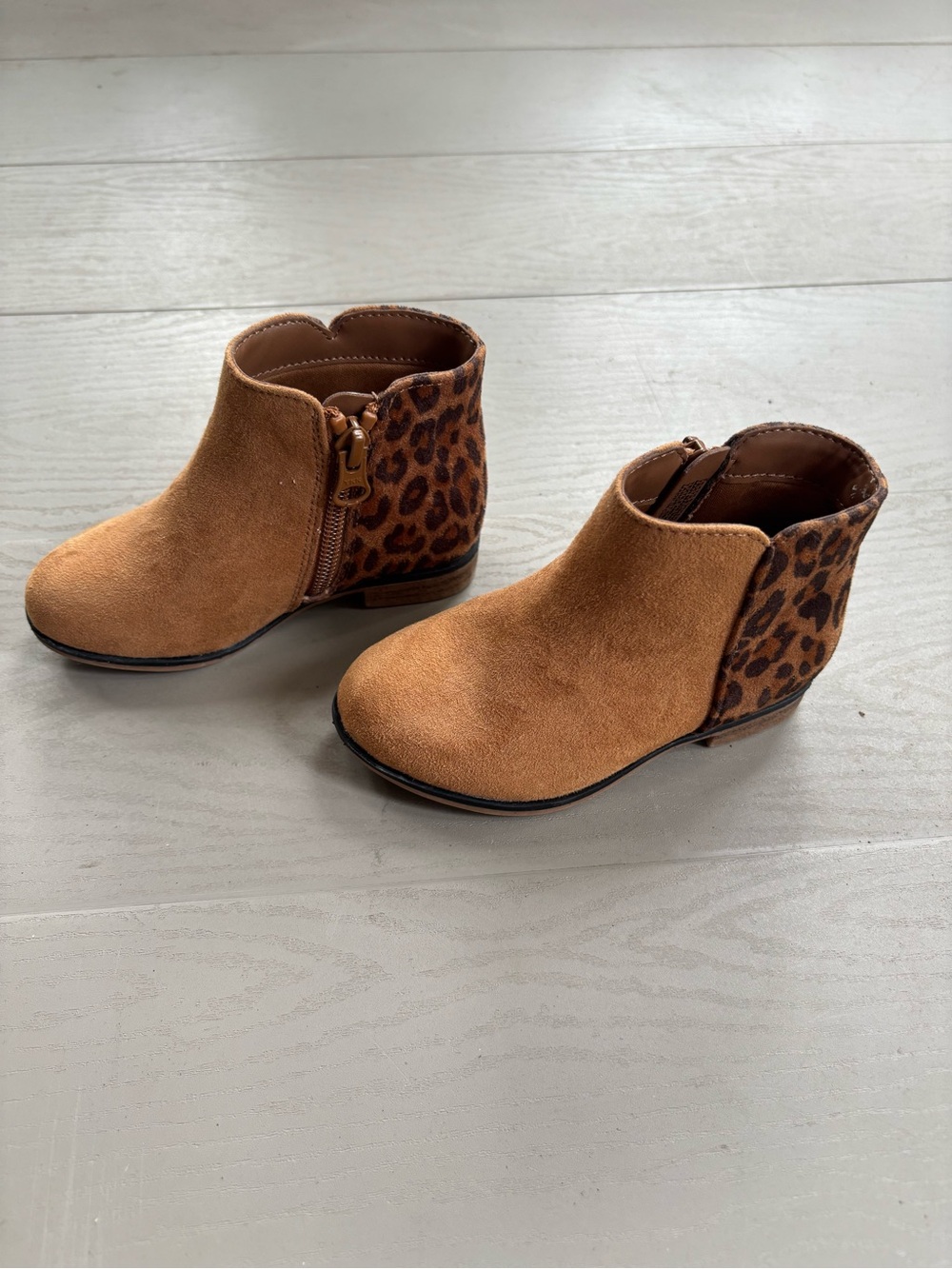 Toddler Tan Suede Leopard Accent Ankle Boots